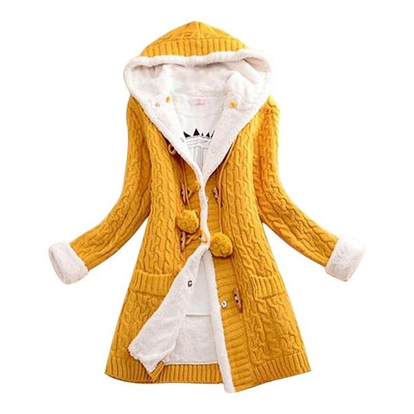 Misturas senhora inverno com capuz forro de lã cardigan sólido malha camisola casaco feminino grosso quente manga longa malha tecer jaqueta longa topos novo