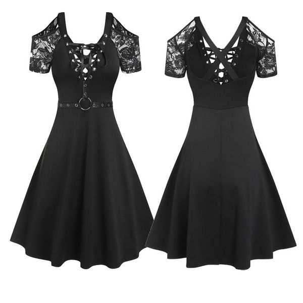 Vestidos femininos o anel Corrente de corrente de corrente Floral Up Dresses Bondage Gothic Harnness Swing Swing Shoesrt Manga Backless Vester Backless XXXL