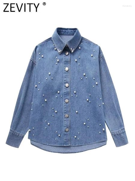 Blusas femininas Zevity Mulheres Moda Pérola Beading Apliques Casual Denim Blusa Escritório Senhora Botão Camisas Soltas Chique Chemise Blusas Tops