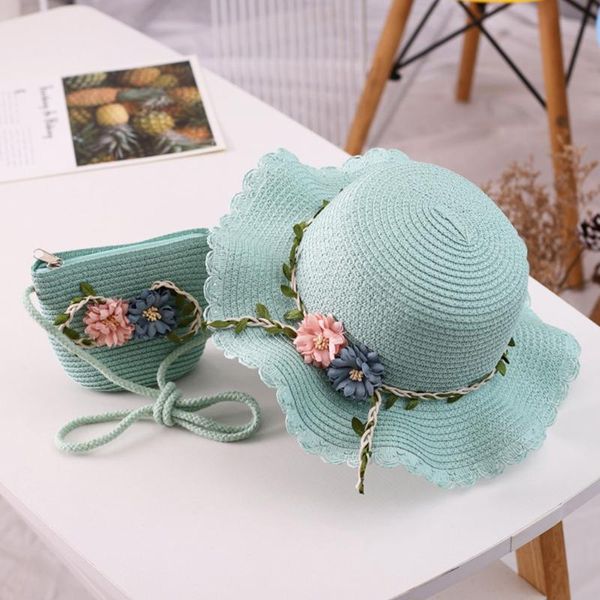 Cappelli a tesa larga Cappello di paglia estivo Ragazze 2-8 anni Spiaggia Turismo Sun Flower Bambini e borsa Set 2023 Regolabile pieghevole