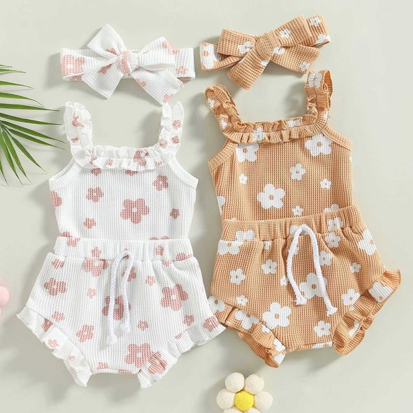 Conjuntos de roupas para bebês meninas, roupas de verão, floral, sem mangas, macacão, shorts, faixa de cabeça