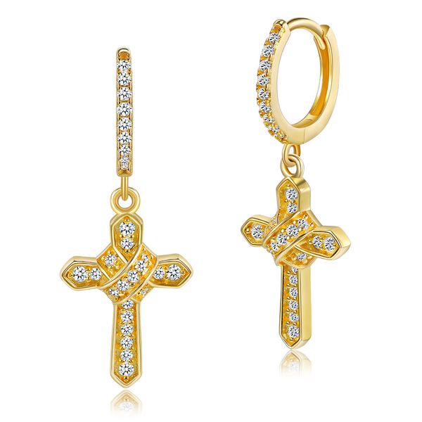 Diamante passou no teste 925 prata 18k amarelo branco banhado a ouro bling moissanite cruz brincos de argola joias para homens mulheres belo presente