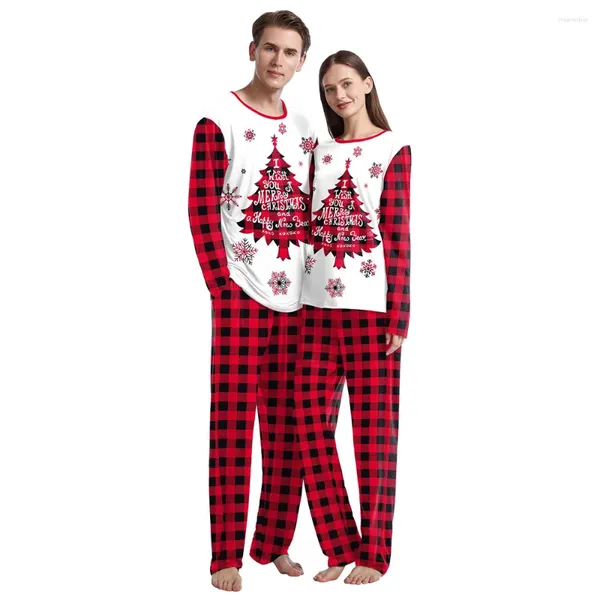 Damen-Nachtwäsche, Weihnachtsbaum-Druck, Weihnachtsmann-Pyjama-Sets für Paare, Herbst-Winter, lässige Damen-Pyjama mit O-Ausschnitt, langen Ärmeln und karierten Hosen