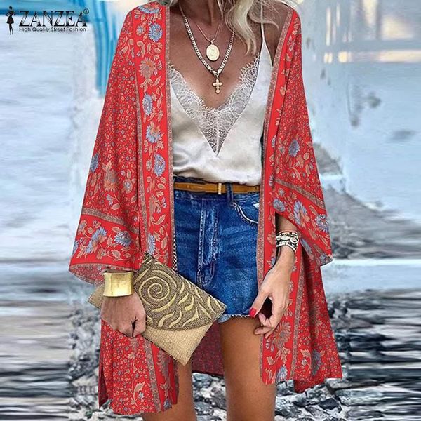 T-shirt Bohemian Floral Stampato Vocation Blome Zanzea Summer Elegant Open Front Beach Cardigan Women Kimono Long Maniche Shirt Tops