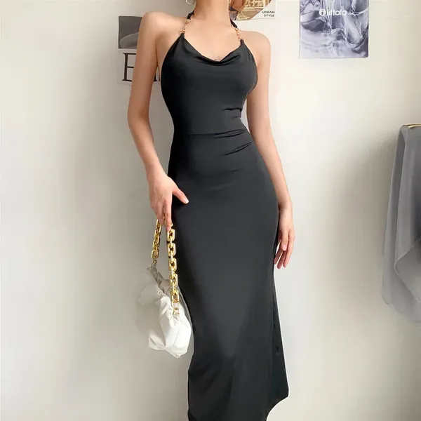 Günlük elbiseler yaz siyah uzun elbise kadınlar sırtsız seksi parti midi midi gece elbisesi zinciri yular bodycon zarif vintage kıyafetler 2023