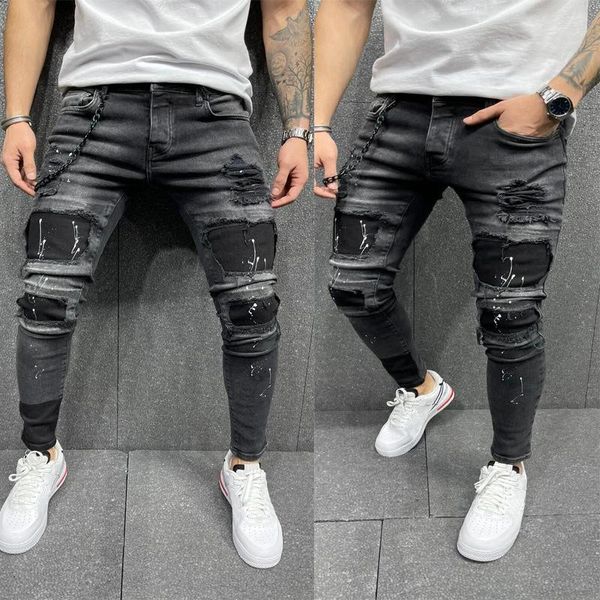 Jeans masculinos Men Men elástico rasgado para motociclista elástico destruído buraco gravado tapado de jeans de alta qualidade