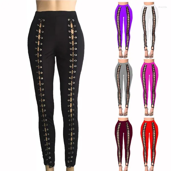 Женские брюки, сексуальные женские брюки на шнуровке, тонкие черные уличные брюки большого размера с высокой талией, бандажные леггинсы, брюки-карандаш, красные, серые, XL