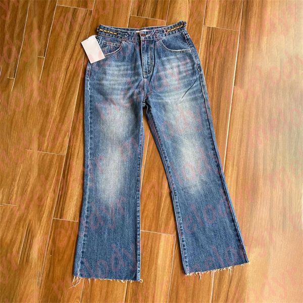 Tasarımcı Blue Jeans Metal Mektup Zinciri Denim Pantolon Kadın Sokak Moda Parlama Kot