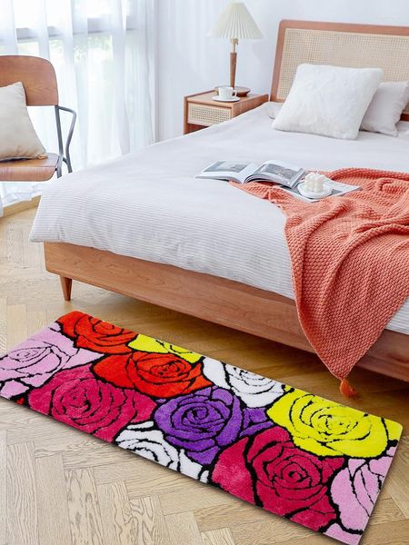 Teppiche Bunte Rosenblumen Getufteter Teppich Groovy Art Plüschbereich Für Wohnzimmer Mädchen Schlafzimmer Flauschige Süße Pflanzenrosen Badematte