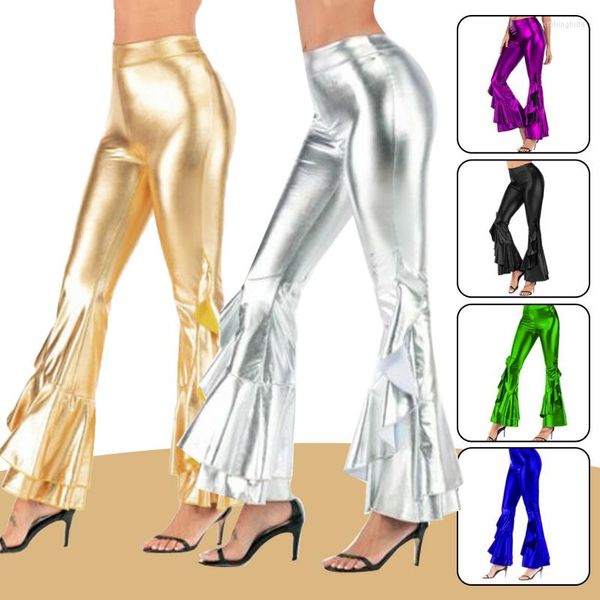 Женские брюки Женщины блестящие брюки Flare Laser Metallic Wetlook Ruffle Wide Leg Retro 70 -х