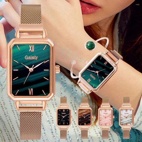 Orologi da polso Sdotter Rectangle Orologio da donna 2 pezzi Set Bracciale in oro rosa da donna Maglia magnetica di lusso semplice in acciaio Orologi femminili