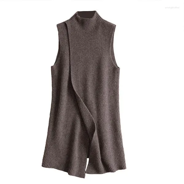 Gilet da donna Su misura Giacca in cashmere lavorato a maglia di pecora Gilet lungo Maglione di lana senza maniche a girocollo a mezza altezza