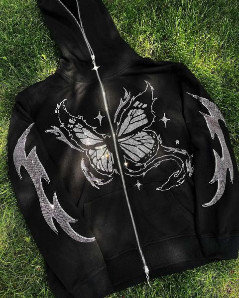 Erkek Hoodies Sweatshirts Butterfly Rhinestone Trafı Zip Hoodie Kazak Sonbahar/Kış Harajuku Gotik Büyük Boyu Uzun Kollu Hoodie Y2K Giyim T231127