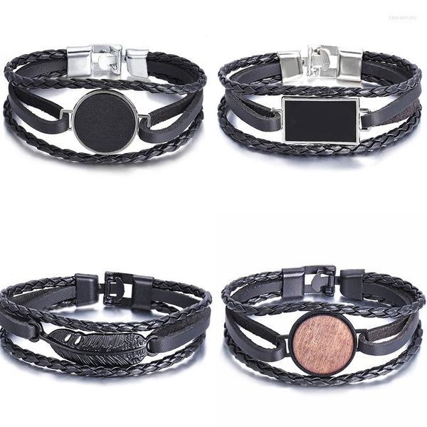 Charm Bracelets IF ME Fashion Geometric Round Square Wood Leather Bracelet For Women Male Unisex Charms Vintage Black Bangles Jewelry