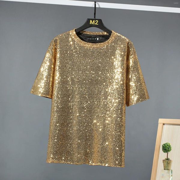 Herren T-Shirts Herren Shiny Gold Sparkle Pailletten 1970er Jahre Disco Party Club Kostüm Hemd Kurzarm Glitzer T-Shirt Hip Hop Streetwear Camiseta