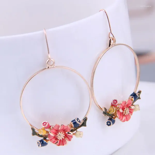 Baumeln Ohrringe Mode Gold Farbe Große Runde Emaille Blume Anhänger Ohrring Frauen Zubehör Großhandel Schmuck Geschenk