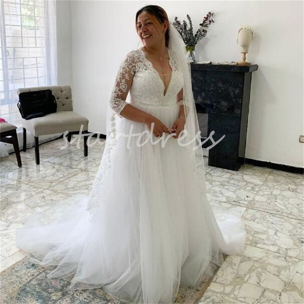 Abito da sposa bianco stile country Semplice illusione maniche in pizzo Tulle Boho Beach Abito da sposa Sexy aperto sul retro Sweep Train Bohemian Plus Size Abito da sposa Robe De Mariage