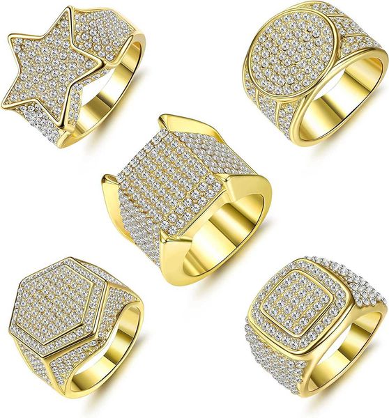 Magitaco 5pcs 18k Gold Bling Pinky Ring simulado Diamante simulado Anel Iced Onel Big Star Square Cz Punky Rappers Ring Ring Cool Hip Hop Ring para homens