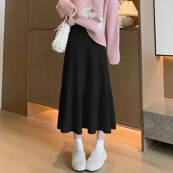 Gonne Gonna lavorata a maglia nera bianca Donna Autunno Inverno Vita alta Solido pieghettato Lungo elegante sciolto Harajuku A-line femminile