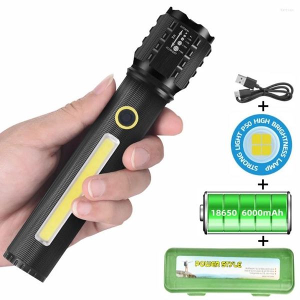 Torce elettriche Torce portatili ricaricabili Zoom LED COB Flash Light Torcia Lanterna 3 modalità di illuminazione Campeggio all'aperto