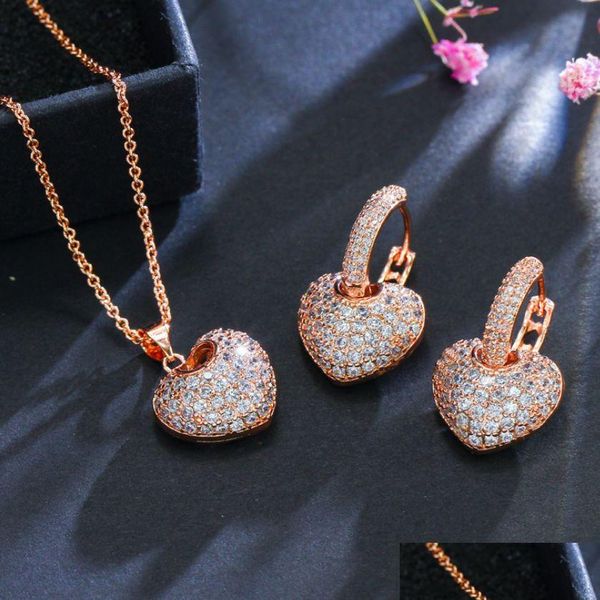 Brincos Colar Nova Chegada Top Vendendo Jóias de Luxo 925 Sterling Sier Rose Gold Fill Pave Branco Topázio Cz Brinco de Diamante para Wome Dh5Uv