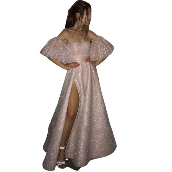 Jeheth Parlak Sapalar Yan Split Sparkle Prom Elbise Plajı Tatlım Tatlım Flare Sleeve Sırtsız Glitter resmi gece önlükleri artı boyutu