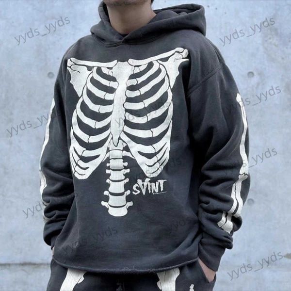 Erkek Hoodies Sweatshirts Saint Michael Erkekler Hoodie İskelet Desen Çatlak Baskı Yüksek Sokak Yıkama Suyu Vintage Moda Pullover Sokak Giyim T231127