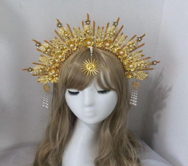 Altri articoli per feste per eventi Couronne Corona Fascia per capelli Halo dorato Accessori per capelli Mary Dea Copricapo da sposa Costume di Halloween 6842954