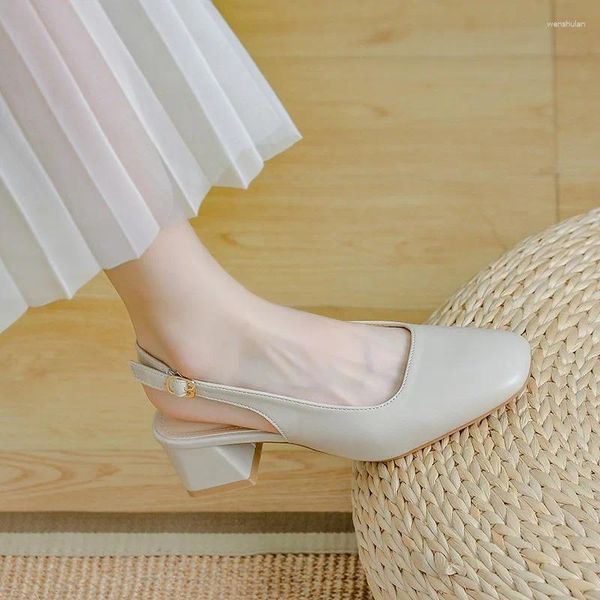 Sapatos de vestido Baotou Sandálias Verão Mid Heel Outwear 2023 Coreano Couro Genuíno Mulheres Salto Alto