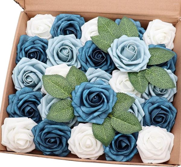 Dekorative Blumen Mefier Home Künstliche 25 STÜCKE Echt aussehende weiße staubige blaue gefälschte Rosen mit Stiel für DIY-Hochzeitsfeier-Dekorationen