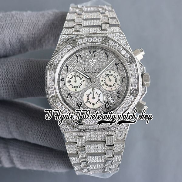 SF SF26403 Япония Miyota Quartz Chronograph Movement Mens Mens Tlease Paved Out мощеное циферблат черные арабские маркеры бриллианты браслет вечные украшения