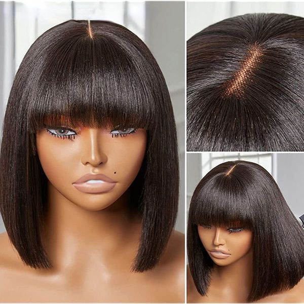 Brasileiro curto bob simulação reta perucas de cabelo humano com franja perucas dianteiras do laço completo para preto feminino peruca franja sem cola franja