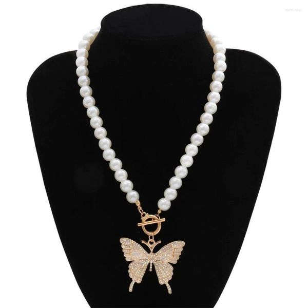 Anhänger Halsketten Künstliche Perle Erklärung Big Butterfly Halskette Kette für Frauen Bling Tennis Crystal Choker Jewel