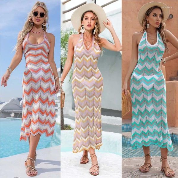 Mulheres Swimwear Beach Wear Mulheres 2023 Cover Up Terno Vestido para Três Peças Grande Saia com Preço Stripe Poliéster Kaftan Bikini CoverUp