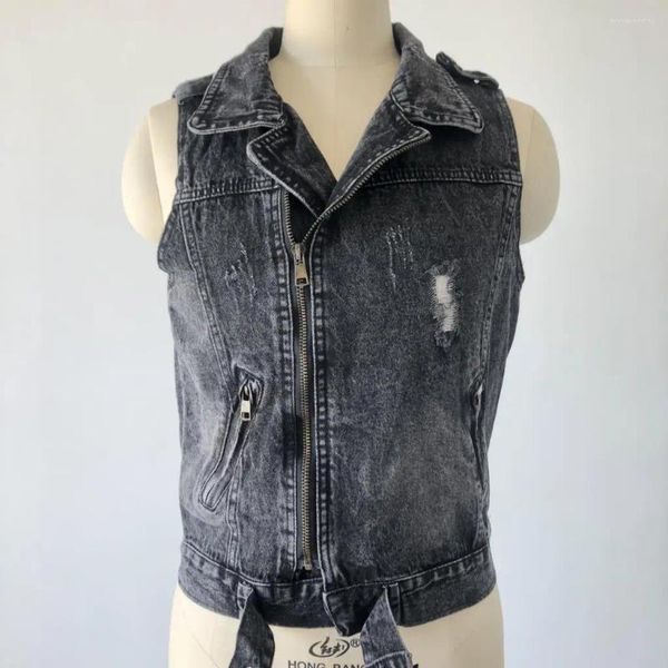 Gilet da donna Moda Gilet di jeans Donna Primavera Autunno Senza maniche Wild Tops Giacca corta Donna Taglia 3XL Smoky Grey Jean Gilet Hole