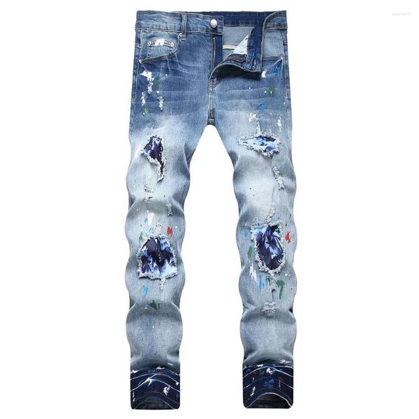 Erkek kot pantolon boyalı yamalar streç denim sokak kıyafeti ince konik pantolon delikleri yırtılmış boyalı mavi pantolon