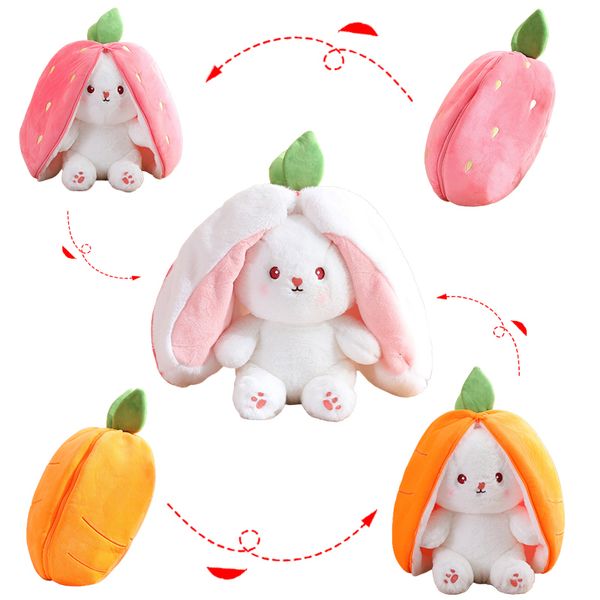 Bambole di peluche 2045cm Giocattoli di coniglio alla fragola Kawaii Coniglietto morbido che si nasconde nella borsa di carota Bambola di pezza Nuovi regali per la decorazione della camera dei bambini 230427