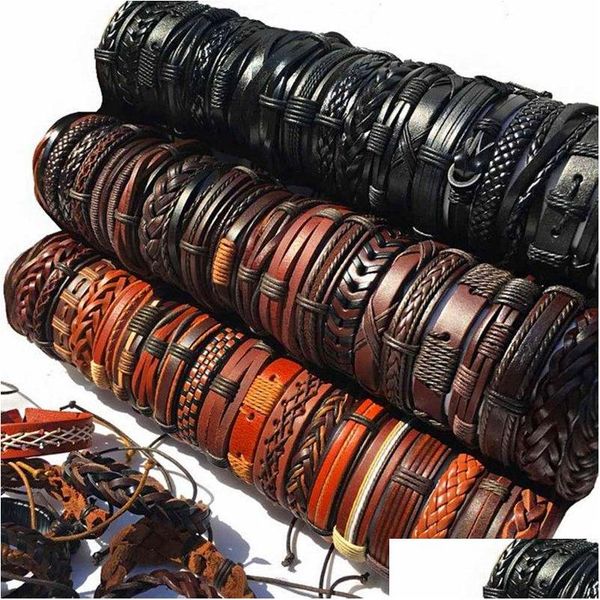 Ciondoli fatti a mano Mix Styles Bracciali in pelle intrecciata per uomo Wrap Bangle Regali per feste Caffè marrone nero Invia consegna a goccia casuale Dhuzo