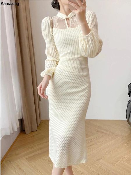 Vestidos casuais outono inverno elegante magro noite baile de formatura ladys vintage manga longa midi vestdios mulheres moda uma peça roupas