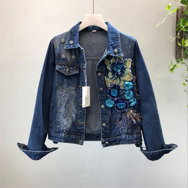 Giubbotti da donna 2023 Autunno Giacca di jeans da donna Cappotto Donna Blu Jean Femminile In rilievo Paillettes Fiori Ragazza Breve Tuta sportiva P209