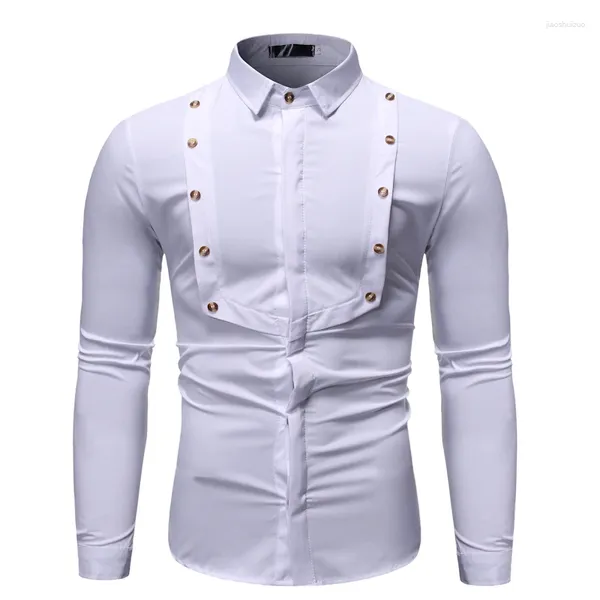 Camicie casual da uomo 2023 Camicia da uomo tinta unita con colletto rovesciato a maniche lunghe Camicia con bottoni sottili Tasca da lavoro Nero Bianco