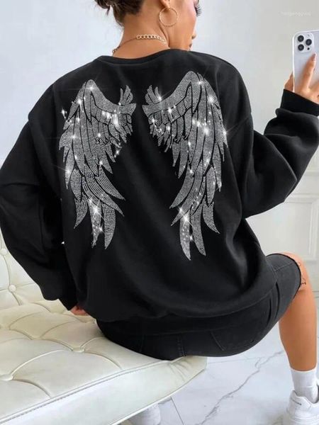 Hoodies femininos y2k roupas oversized strass asa gota ombro moletom feminino com capuz