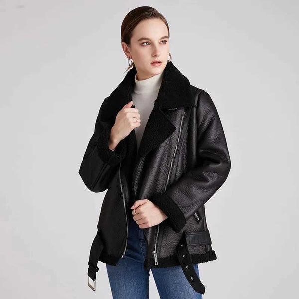 Frauen Leder Jacke Winter Faux Lammfell Schaffell Mantel Weibliche Dicke Warme Wildleder Lämmer Kurze Motorrad Schwarz Mäntel