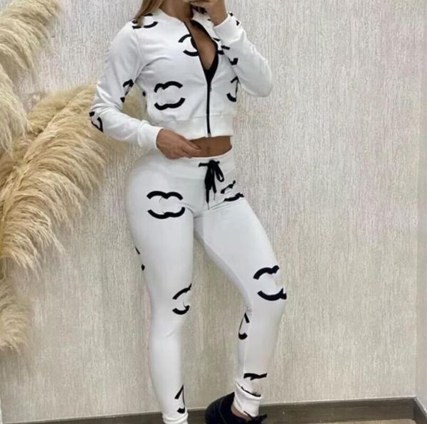 felpa con cappuccio + pantaloni da jogging stampati da donna primaverili con stampa Two Peice Tute bianche con colletto alla coreana cappotto da donna Y2K tute firmate giacche casual con cerniera e pantaloni jogger