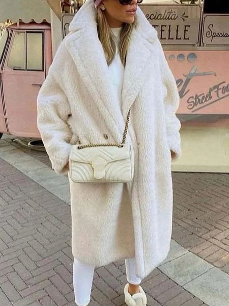 Casaco de lã de cordeiro branco de pele sintética feminino inverno grosso quente lã teddy casaco feminino oversized casual solto manga longa lapela longo outerwear 231127