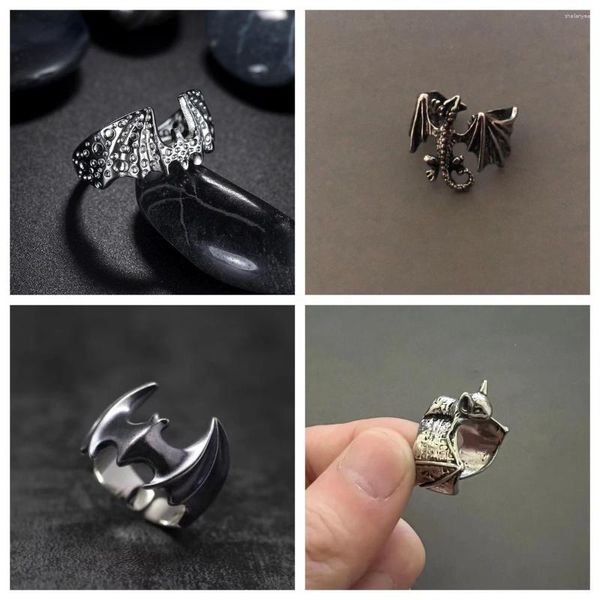 Cluster Ringe Hiphop Stile Edelstahl Fledermaus Spot Muster Ring Titan Schwarz Stein Punk Für Männer Frauen Schmuck Party Geschenk