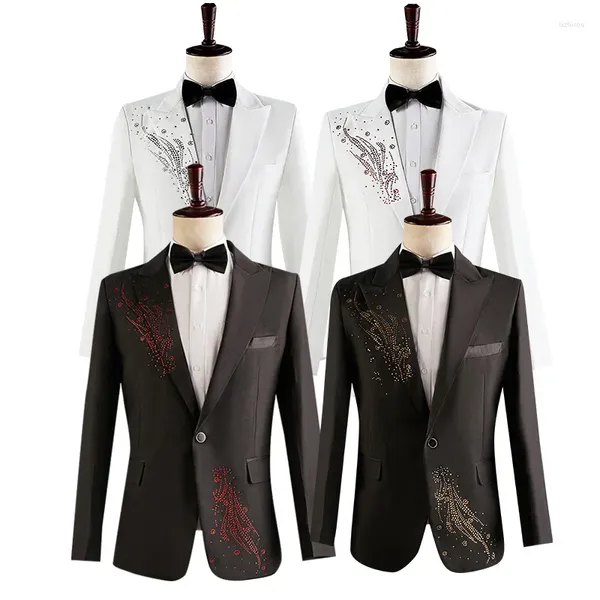 Abiti da uomo con finiture in diamante moda maschile 2 pezzi set nero bianco bottone singolo uomo festa di nozze palcoscenico host giacca blazer set di pantaloni