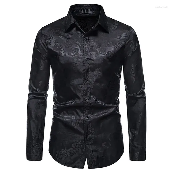 Camisas casuais masculinas 2023 vestido preto floral elegante manga longa camisa steampunk homens festa clube bar social masculino traje de baile