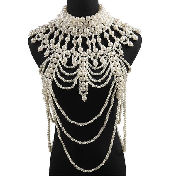 Lenços Mulheres Imitação Pérola Frisada Cadeia Corpo Xale Handmade Jóias Bib Colar Colar Vintage Luxuoso Traje Em Camadas 231127