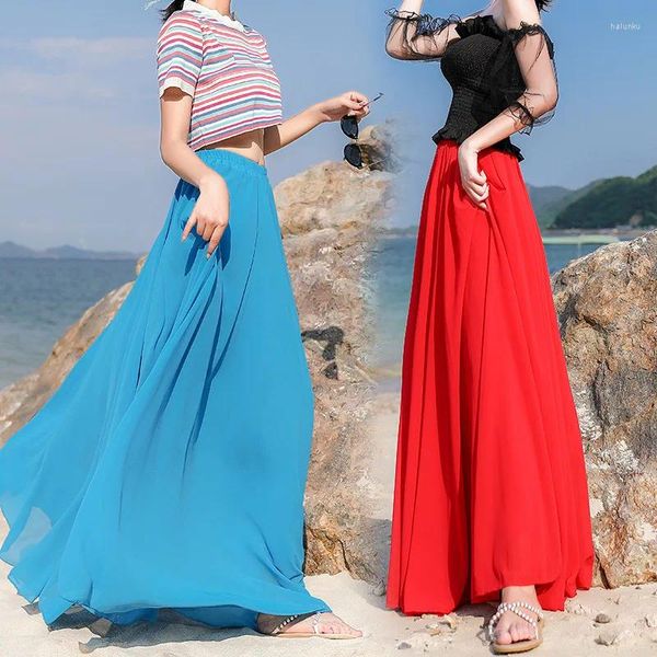 Röcke Doppel Schichten Chiffon Sommer Strand Maxi Rock Frauen Hohe Elastische Taille Lange A-Linie Feste Beiläufige Faldas Weibliche